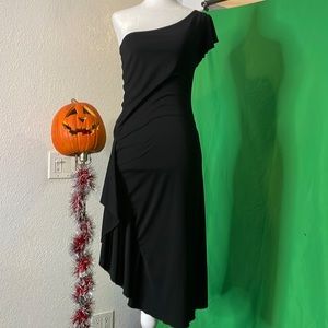 Black one shoulder stretch flow dress shin length dress